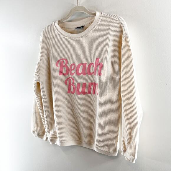 Beach Bum Corded Long Sleeve Crewneck Pullover Sweatshirt Cream Pink Small - Picture 5 of 6